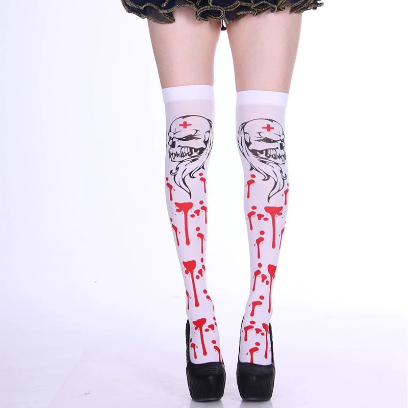 Blood Splatter Over Knee Socks – Halloween Bloody Print Thigh High Stockings for Women Cosplay