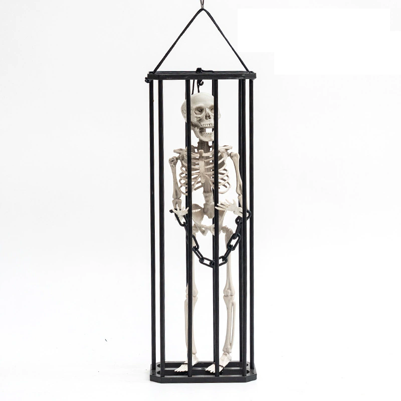 Caged Ghost Pendant with LED – Halloween Hanging Decoration, Funny Prank Prop with Tiny Skeleton Inside Cage for Haunted House