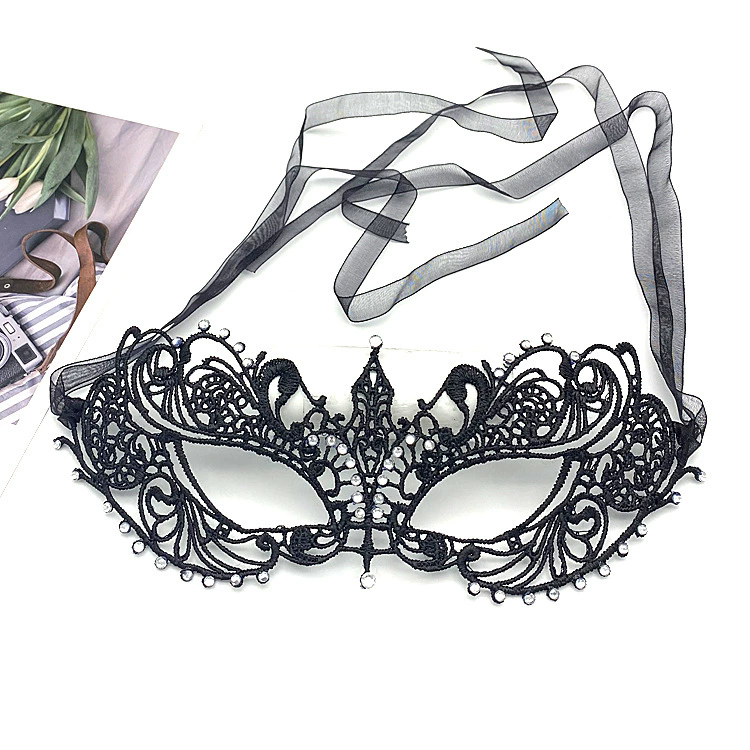 Structured Rhinestone Lace Mask – Black Cutout Half Face Masquerade Mask with Crystal Gems for Women Ball & Party