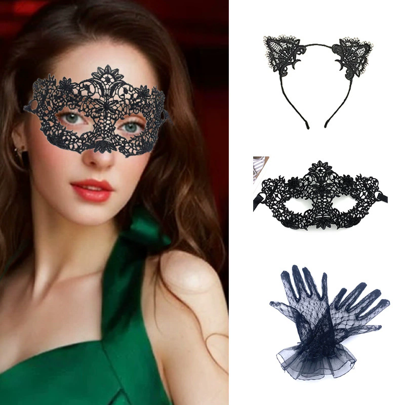 Lace Cat Mask Set – Masquerade Eye Mask with Gloves & Cat Ear Headband for Women, Cute Kitty Costume for Halloween & Fancy Dress