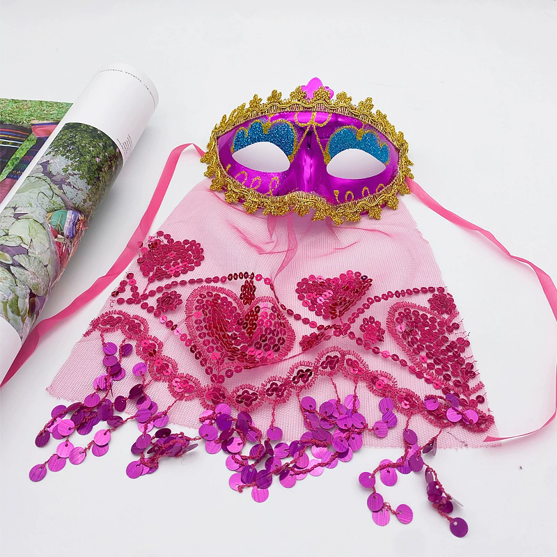 Indian Belly Dance Mask with Veil – Gold Glitter Sequin Half Face Masquerade Mask for Women  Party Costume Accessory