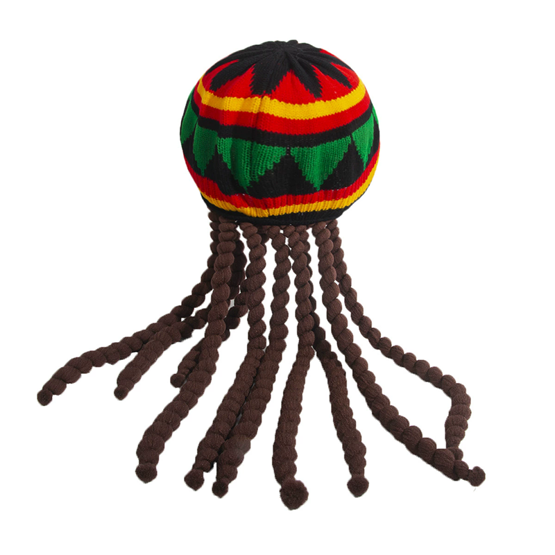 Rasta Reggae Hat with Dreadlocks – Jamaican Beret Knit Octagonal Cap with Fake Hair for Halloween Costume