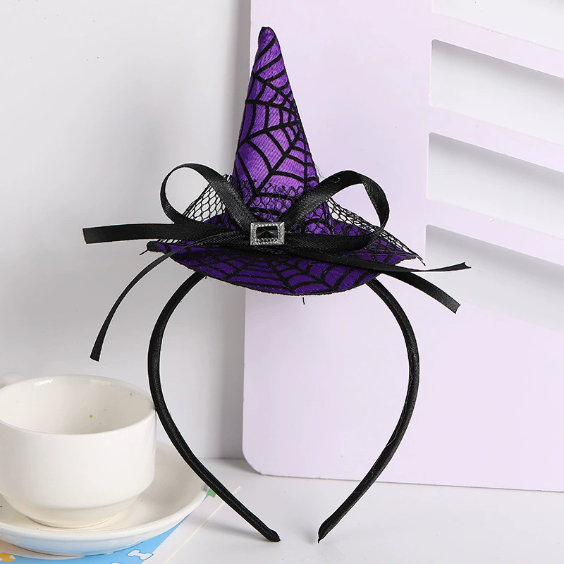 Halloween Spider Web Witch Hat Headband – Classic Witch Hairband with Spiderweb Decoration for Party Prop