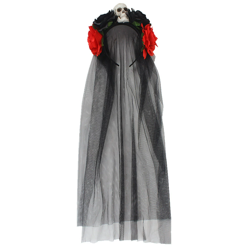 Large Skull Headband with Rose Flowers and Mesh Veil – Gothic Halloween Hairband for Women Costume Prop