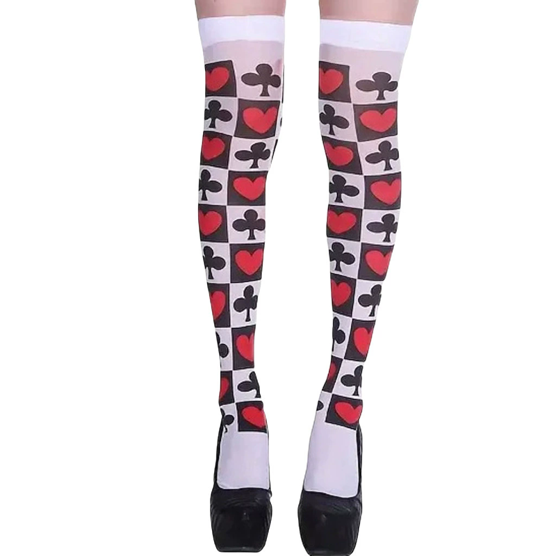 Poker Card Print Thigh High Socks – Halloween Over Knee Stockings with Playing Card Pattern for Women