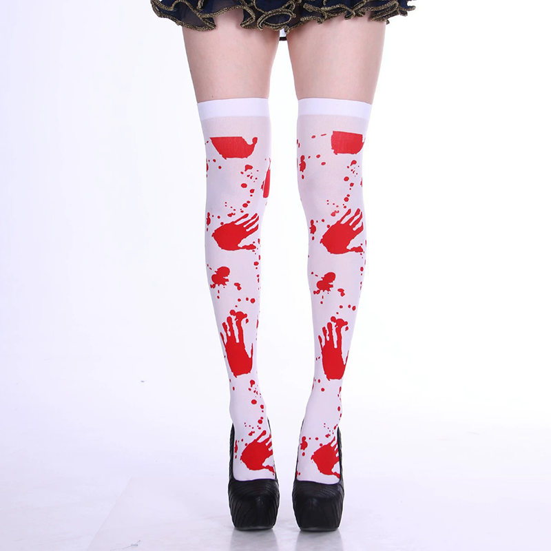 Blood Splatter Over Knee Socks – Halloween Bloody Print Thigh High Stockings for Women Cosplay