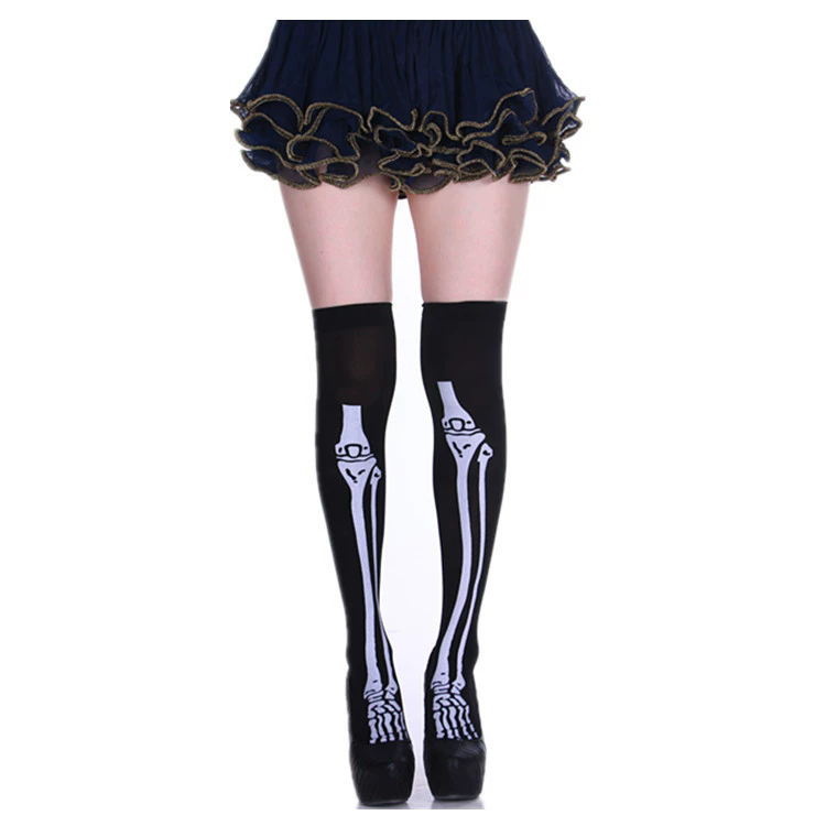 Skeleton Bone Print Thigh High Socks – Skeletal Leg Over Knee Stockings for Women Halloween Costume