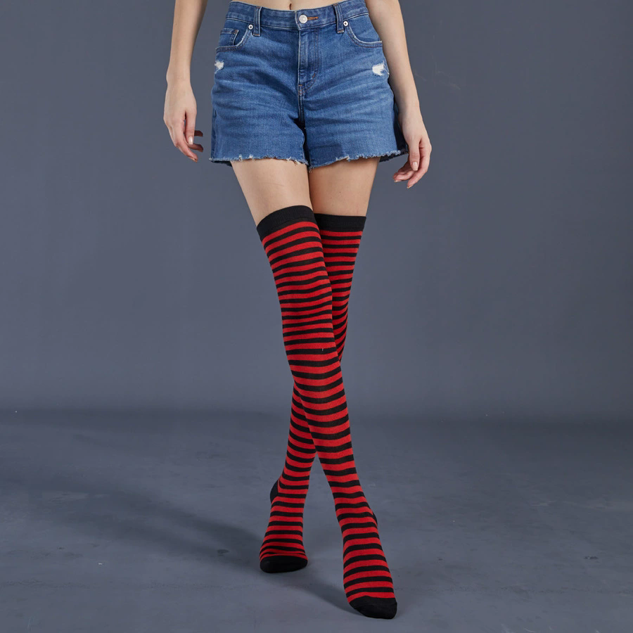 Thin Striped Thigh Highs – Fine Line Horizontal Stripe Over Knee Socks for Women Halloween Party