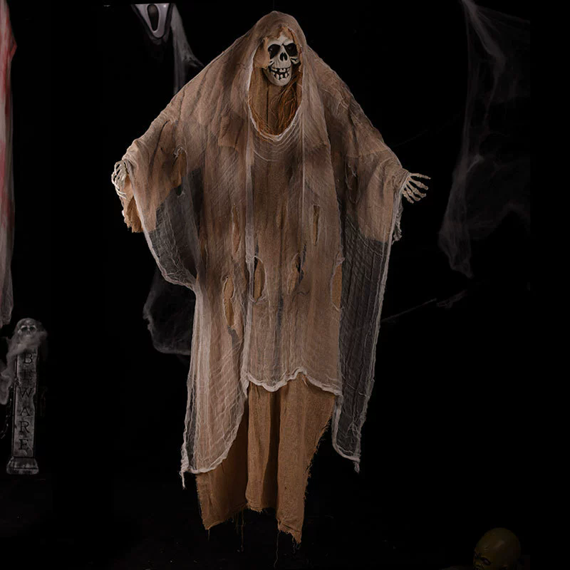 Hanging Skeleton Ghost – Creepy Skull Ghost with Tattered Robe & Chain for Haunted House & Halloween Yard Decor