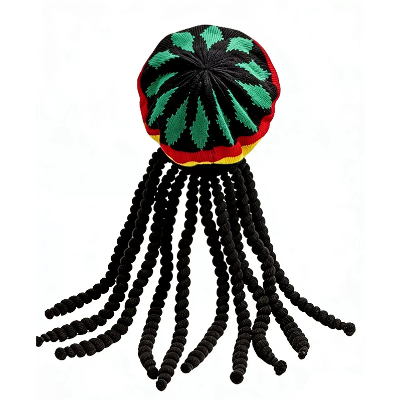 Rasta Reggae Hat with Dreadlocks – Jamaican Beret Knit Octagonal Cap with Fake Hair for Halloween Costume