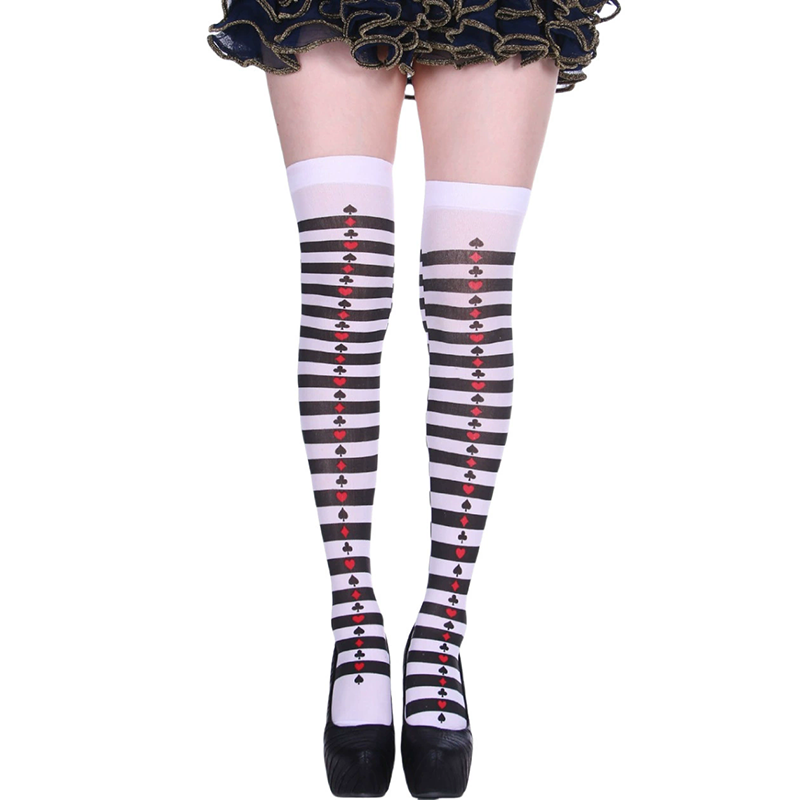 Poker Card Print Thigh High Socks – Halloween Over Knee Stockings with Playing Card Pattern for Women