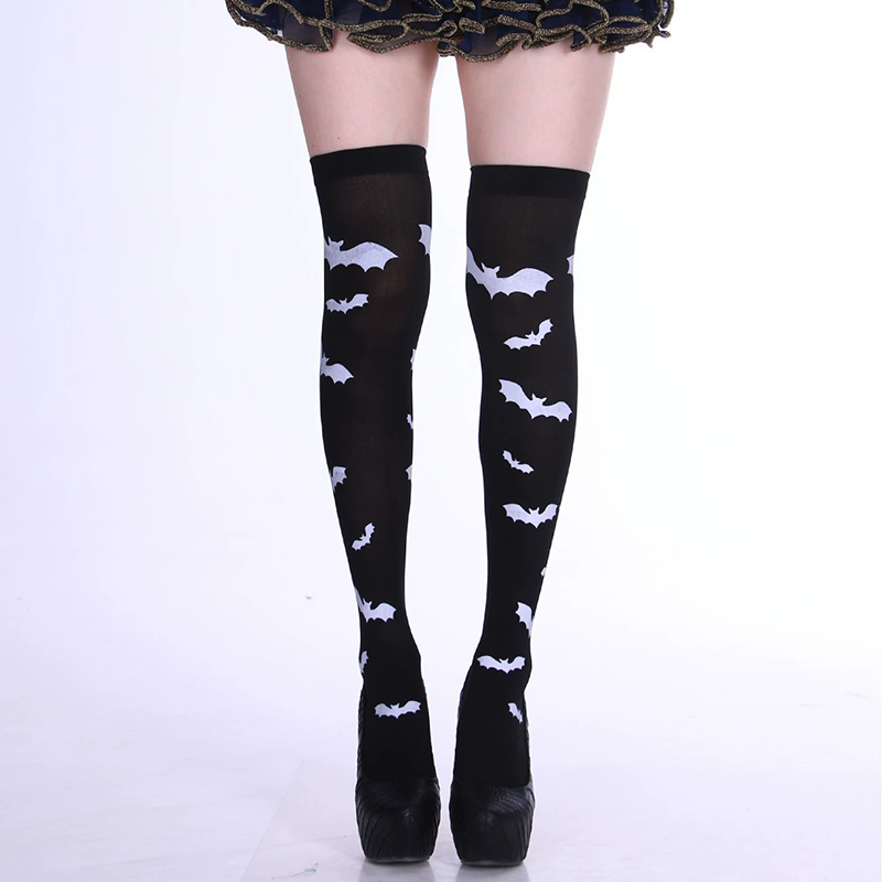 Halloween Bat Pattern Thigh High Socks – Bat Print Over Knee Stockings for Women Costume Prop