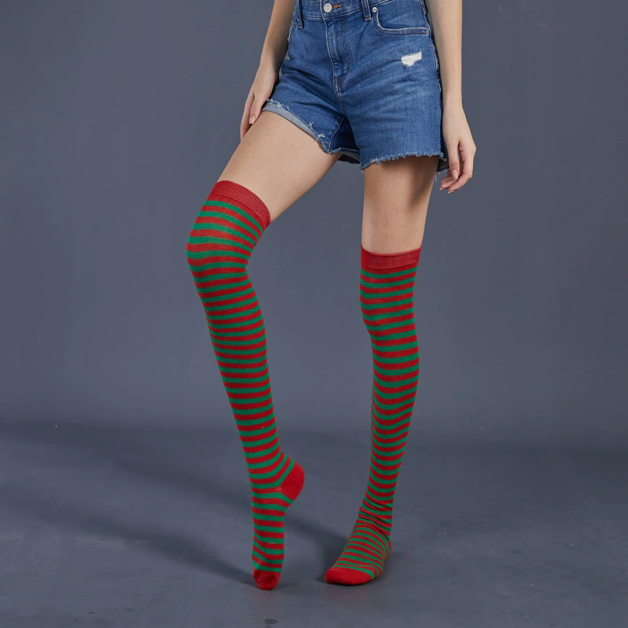 Thin Striped Thigh Highs – Fine Line Horizontal Stripe Over Knee Socks for Women Halloween Party