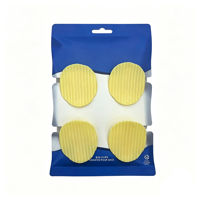4 pack wavy textured yellow potato chips crisp plastic food bag sealing clips blue retail hang display card