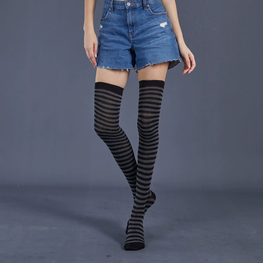 Thin Striped Thigh Highs – Fine Line Horizontal Stripe Over Knee Socks for Women Halloween Party