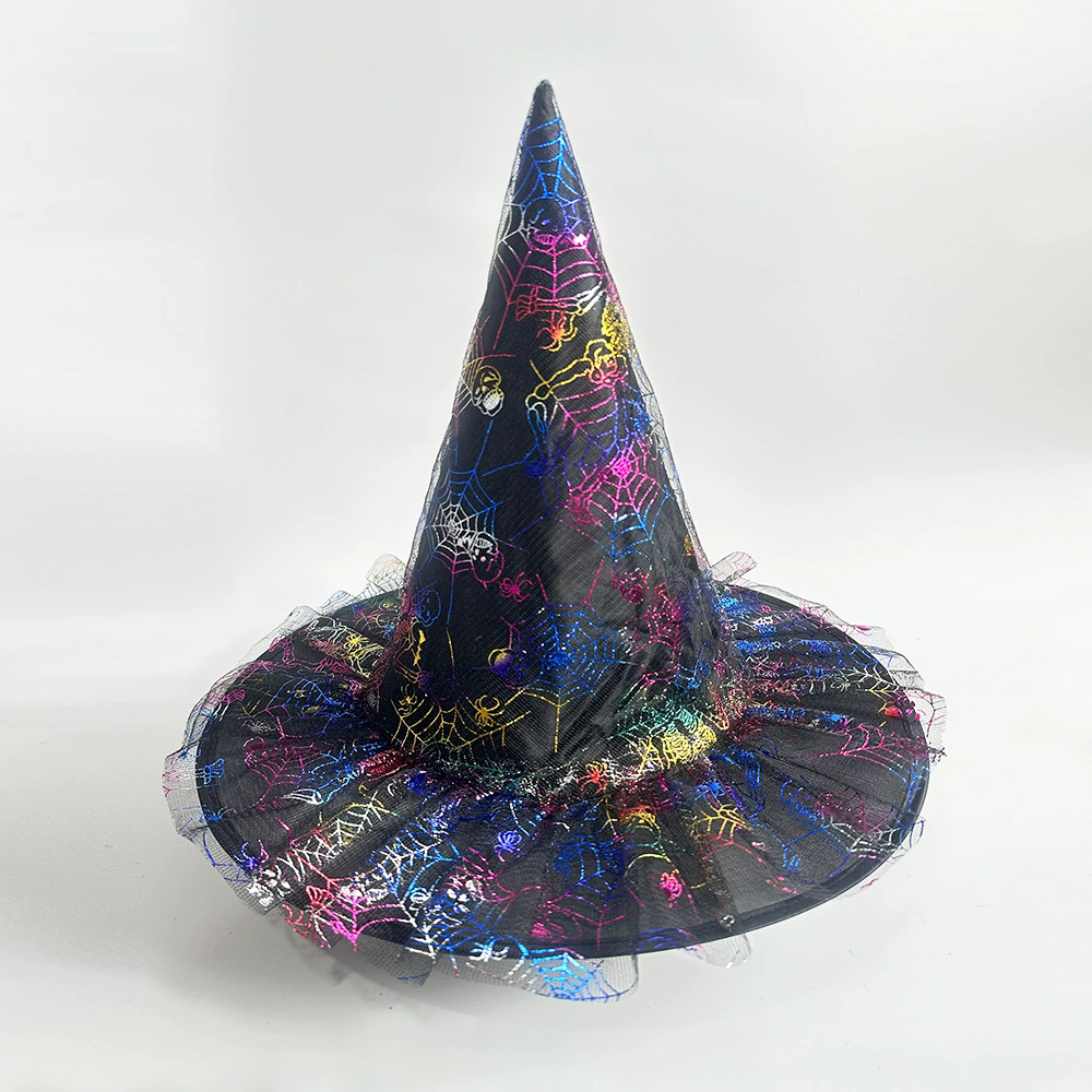 Full Color Printed Netting Witch Hat – Colorful Patterned Tulle Wizard Cap for Adults, Kids, Halloween Party