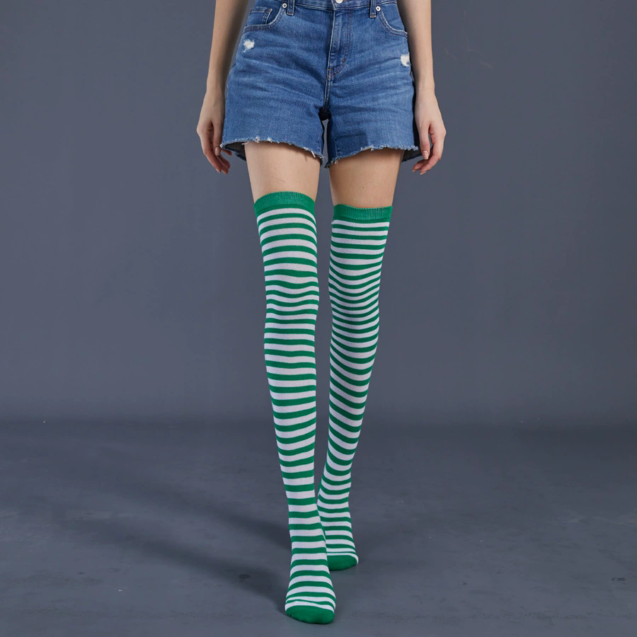 Thin Striped Thigh Highs – Fine Line Horizontal Stripe Over Knee Socks for Women Halloween Party