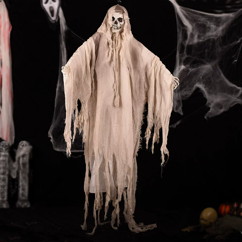 Hanging Skeleton Ghost – Creepy Skull Ghost with Tattered Robe & Chain for Haunted House & Halloween Yard Decor