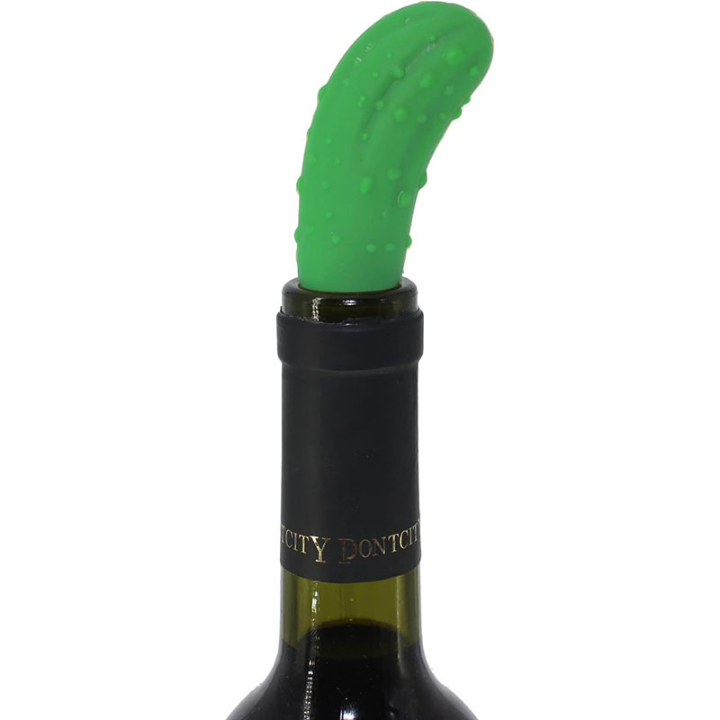 textured green pickle cucumber shaped food grade silicone wine bottle stopper product shot on wine bottle