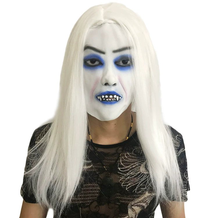 White Haired Demoness Mask with Long White Wig – Blue Face Horror Mask Set for Halloween Costume