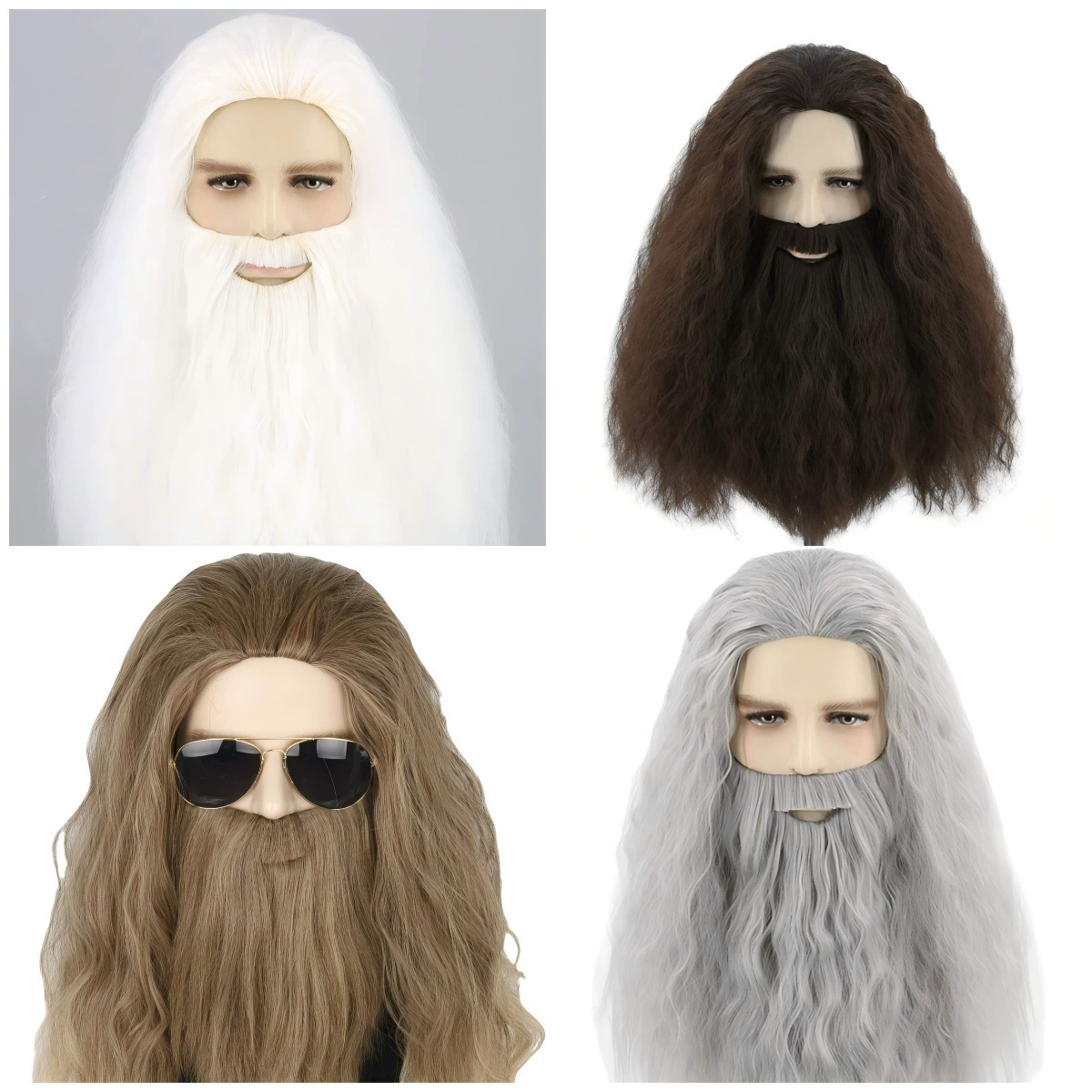 Men's Santa Claus Wig and Beard Set – Long Curly White Wig with Full Long Beard for Christmas Halloween Costume
