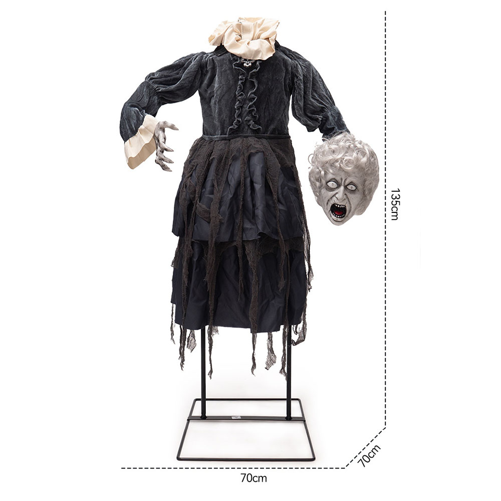 Sound-Activated Witch Holding Her Own Head – Electric Halloween Animatronic Prop for Haunted House Decor