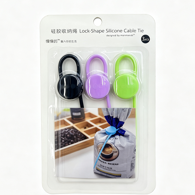 3pcs round lock silicone cable tie retail hang card white background product photo