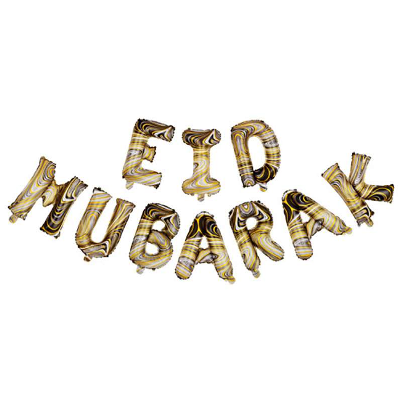 16 inch black gold agate marble swirl eid mubarak foil letter balloon set pure white flat lay