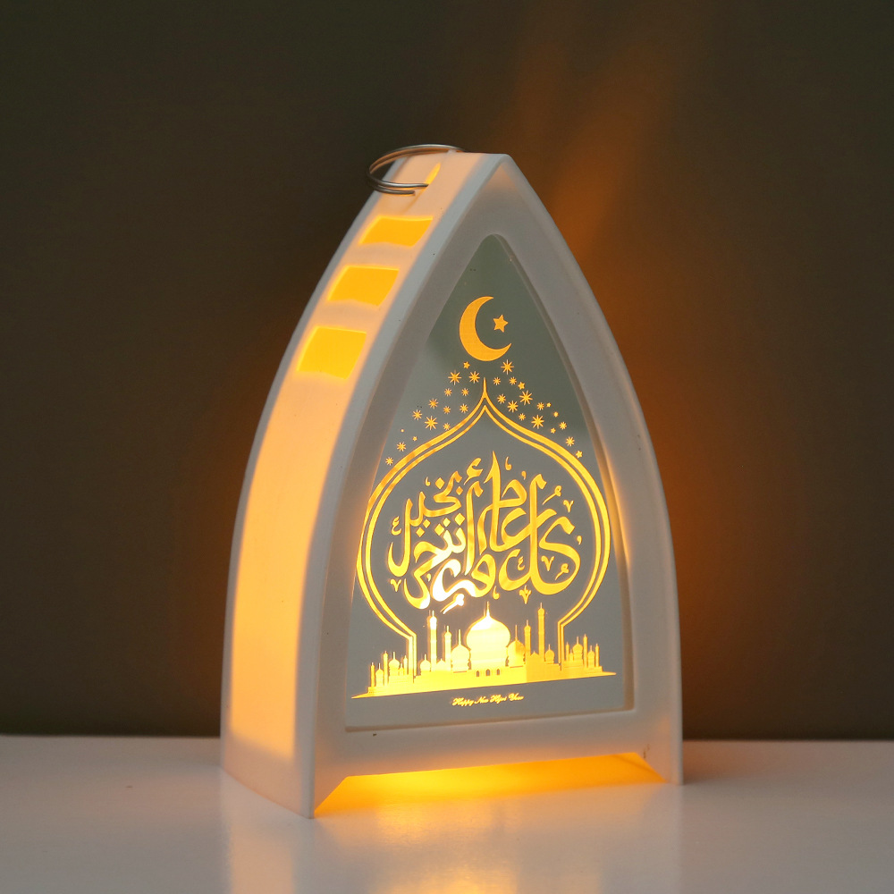 Close-up transparent panel golden mosque and crescent luminous pattern