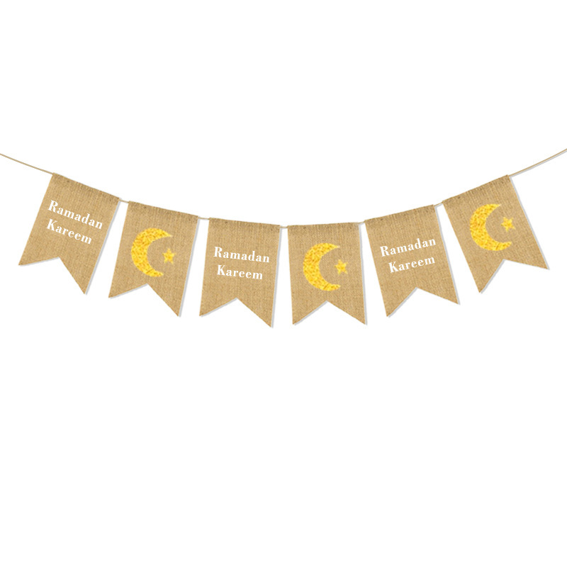 single integrated Ramadan Kareem burlap banner gold glitter crescent star white background flat lay