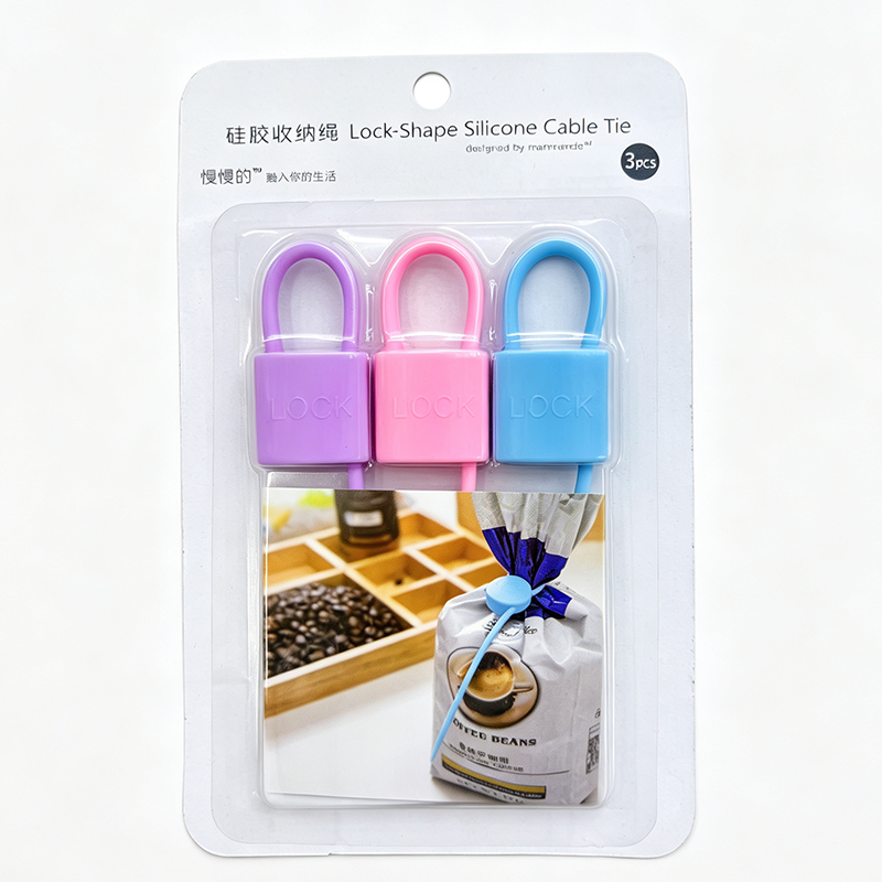 3pcs square lock silicone cable tie retail hang card white background product shot