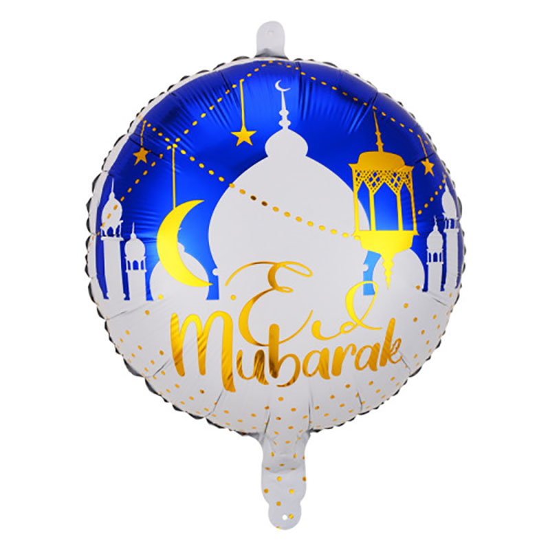18 inch blue white mosque eid mubarak round foil balloon pure white background shot