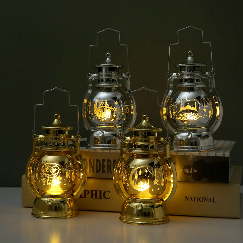 Gold silver two colors vintage mini kerosene lamp ramadan led lantern etched mosque crescent warm light display