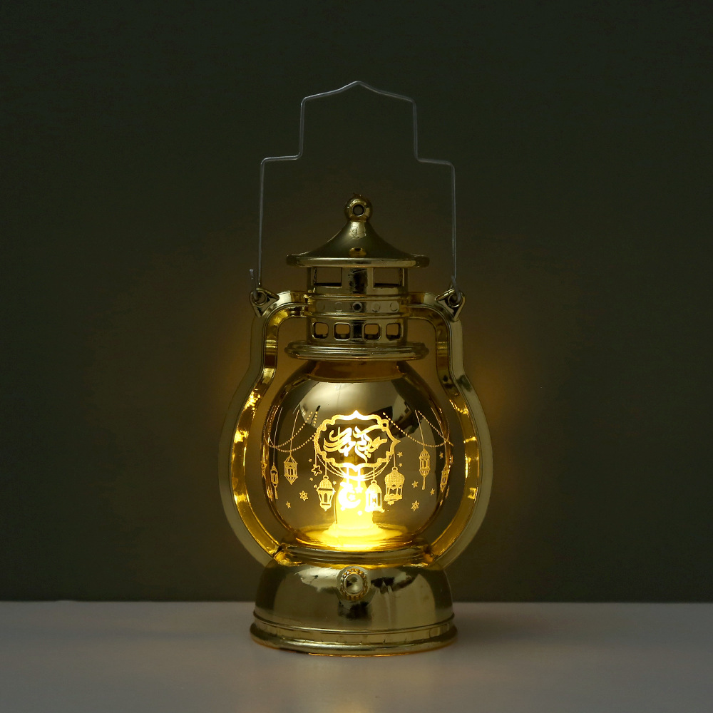 Close-up transparent glass inner etched luminous Islamic pattern and metal lifting handle