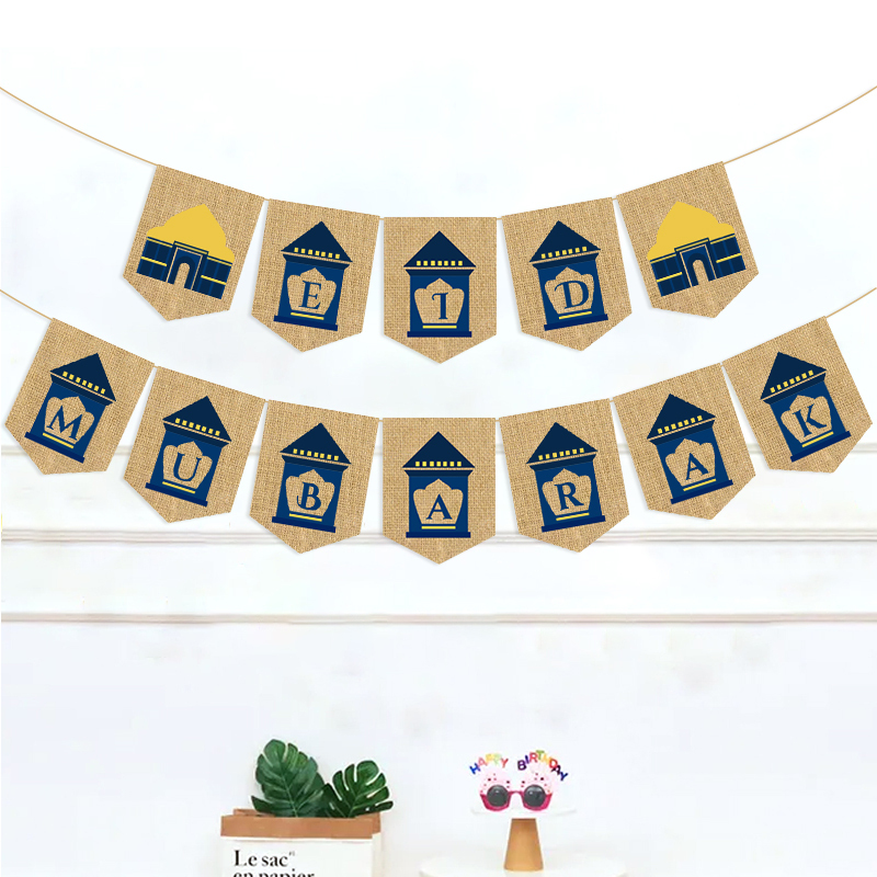 2pcs natural burlap Eid Mubarak banner blue gold mosque silhouette white background flat lay