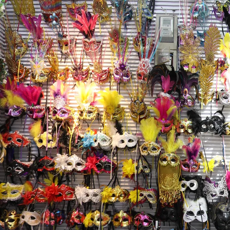 Assorted feather venetian masquerade masks display, colorful carnival fancy dress party eye masks for halloween mardi gras supplies bulk