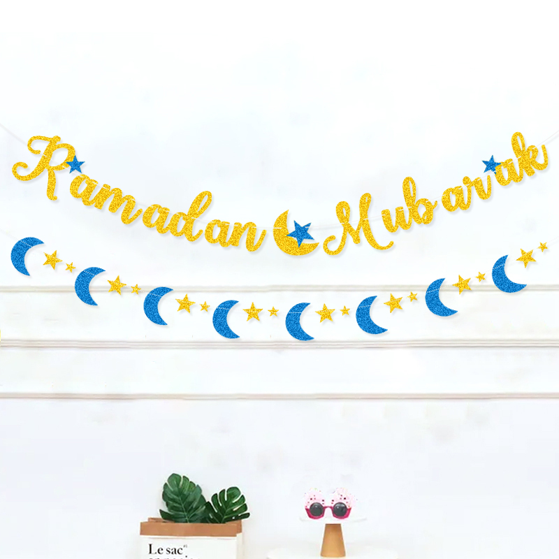 2pcs gold blue glitter Ramadan Mubarak double banner flat lay on pure white background