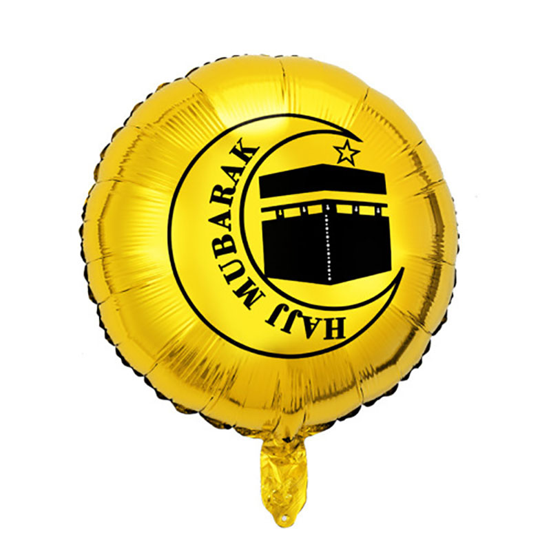 18 inch shiny gold kaaba hajj mubarak round foil balloon pure white background shot