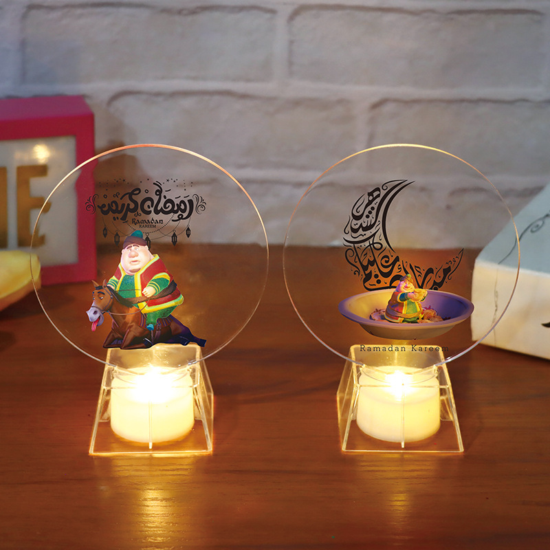 Two styles cartoon arabian figure round acrylic ramadan led candle night light desktop display