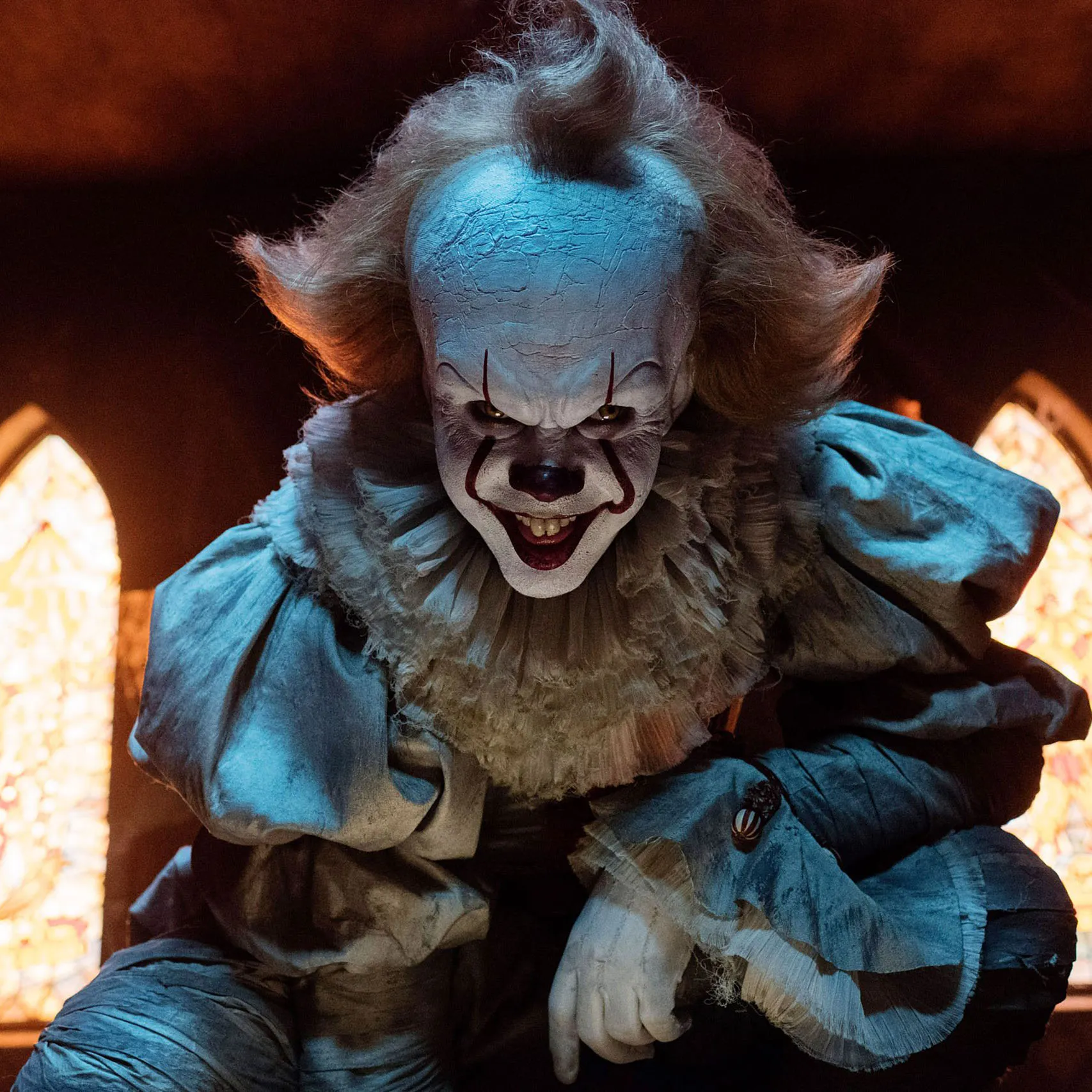 Pennywise scary clown cosplay character, horror movie IT clown costume for halloween fancy dress party