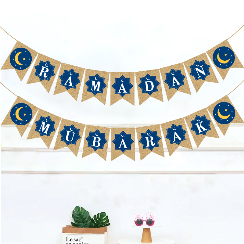 2pcs split Ramadan Mubarak natural burlap banner navy blue octagram golden crescent white background flat lay