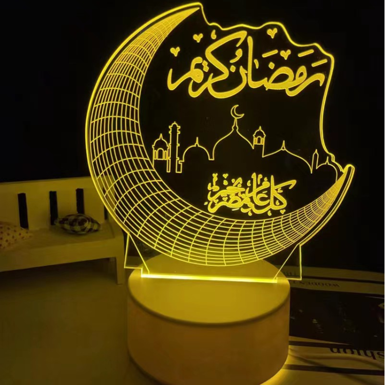 Grid crescent mosque arabic calligraphy ramadan 3d acrylic led night light warm yellow luminous display