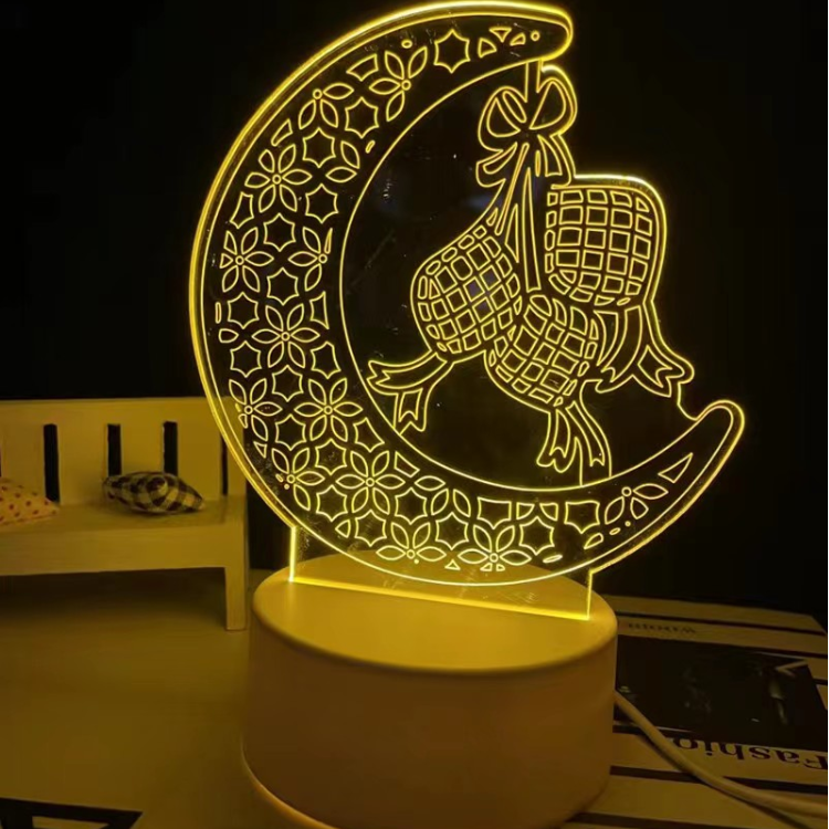 Floral hollow crescent bow hanging lantern ramadan 3d acrylic led night light warm yellow luminous shot