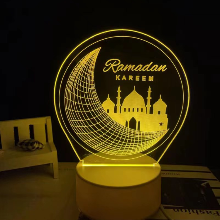 Round frame grid crescent mosque ramadan kareem 3d acrylic led night light warm yellow luminous display