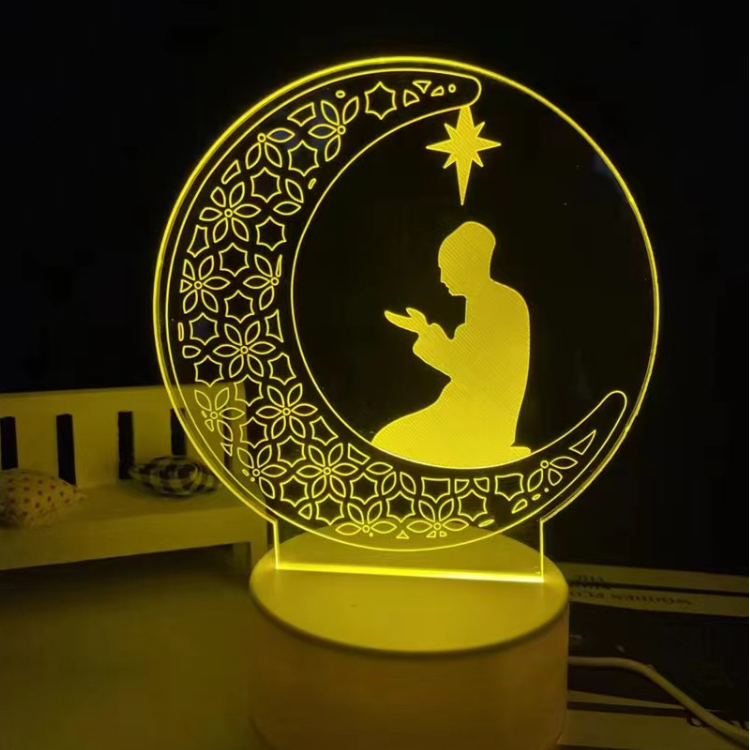 Floral hollow crescent praying muslim figure ramadan 3d acrylic led night light warm yellow luminous display