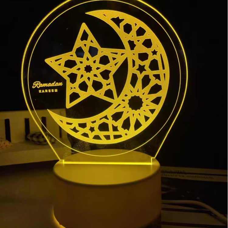 Round frame islamic geometric crescent star ramadan kareem 3d acrylic led night light warm yellow luminous display