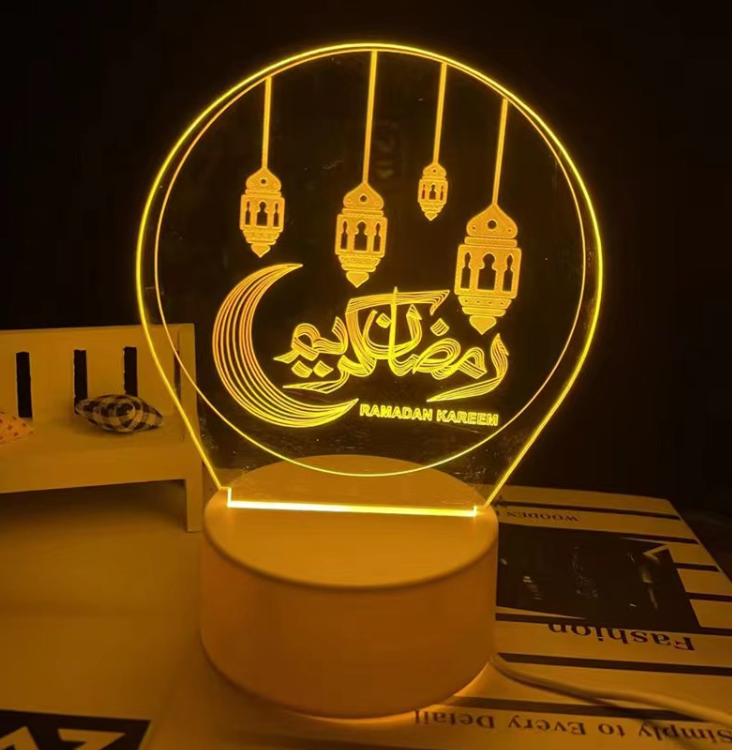 Round frame arabic calligraphy crescent hanging lantern ramadan kareem 3d acrylic led night light warm yellow luminous display