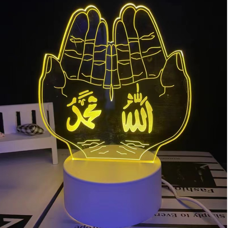 Praying hands shape allah muhammad calligraphy islamic 3d acrylic led night light warm yellow luminous display