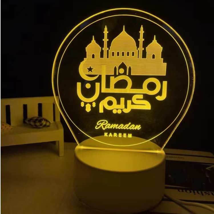 Round frame mosque silhouette arabic calligraphy ramadan kareem 3d acrylic led night light warm yellow luminous display