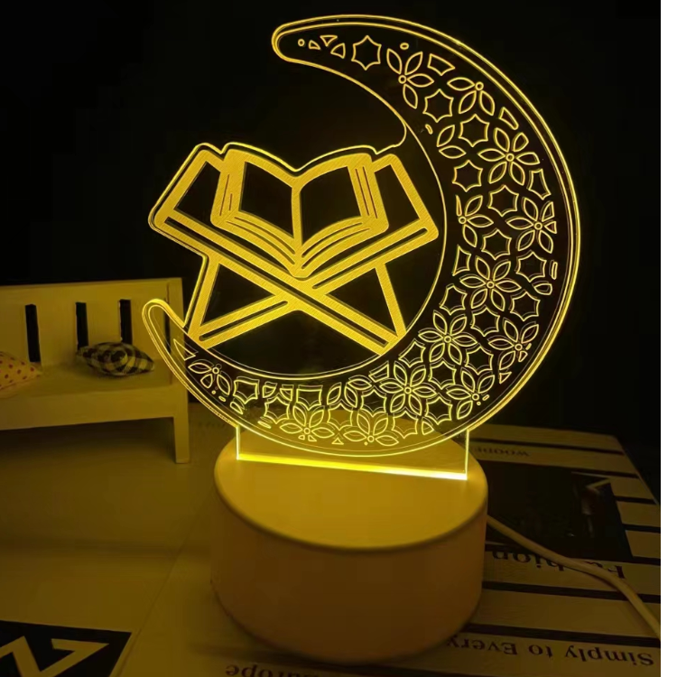 Floral crescent star quran islamic 3d acrylic led night light warm yellow luminous display